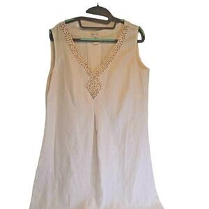 Vintage Shift Dress White Linen Sleeveless Size 12  Gold Beads Darts Career